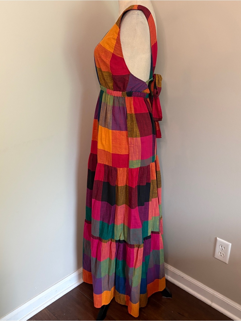 Rujuta Sheth Gema Tiered Maxi Multi-Chex Multicolor Plaid Tie Back Boho Small - Picture 7 of 10